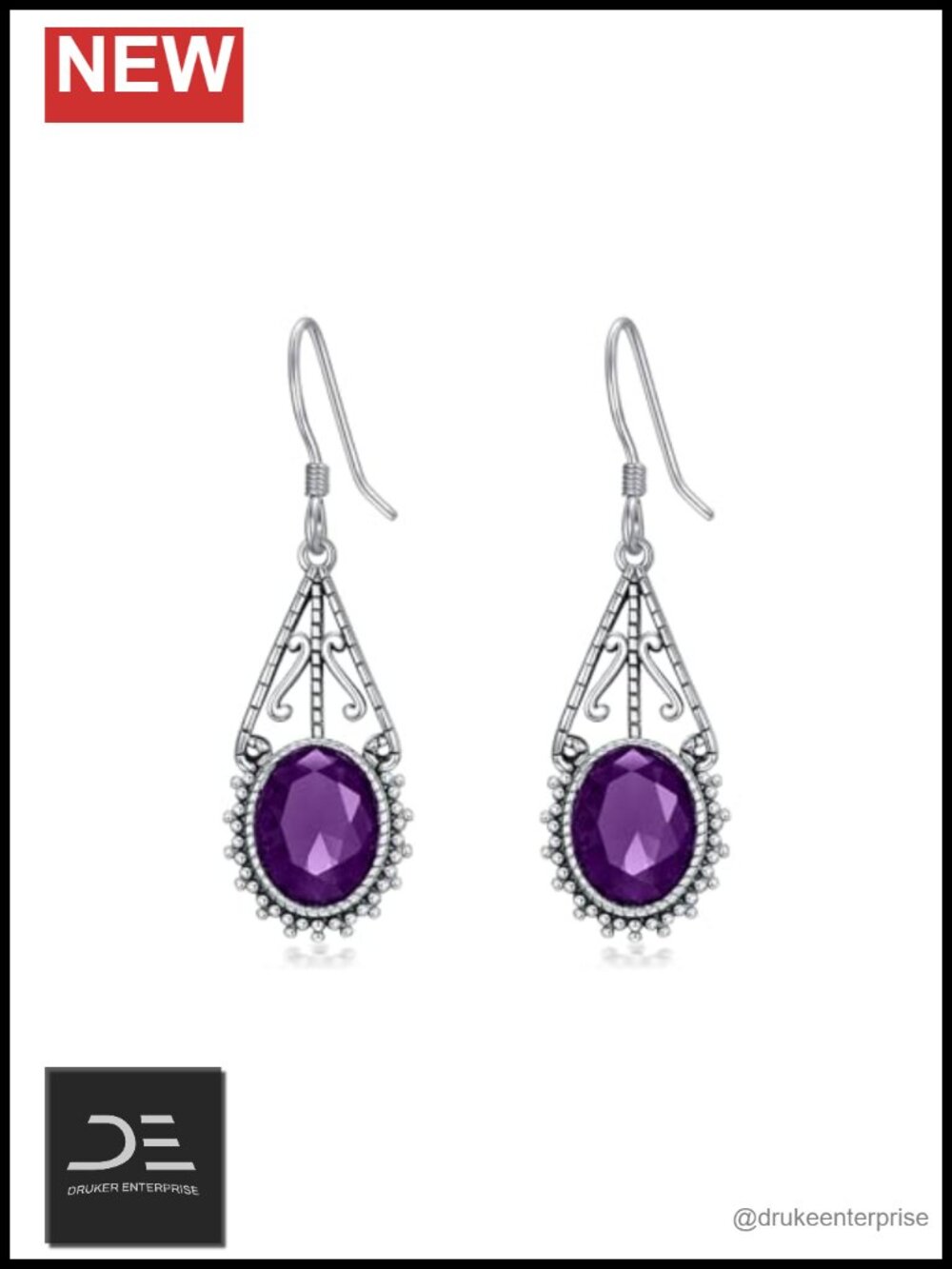 925 Sterling Silver Filigree Dangle Drop Earrings Oval Birthstone